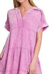 Zenana Washed Double Gauze Raw Edge V-neck Dress OutfitFlow